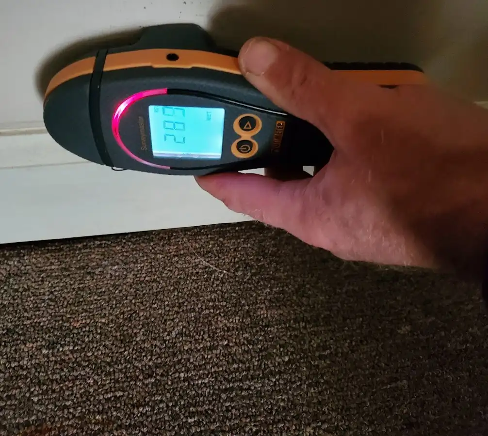 Moisture detection at baseboard during Storm Damage Restoration in White Oak